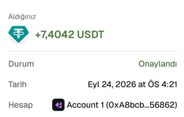 Tether transaction confirmation in Turkish showing a receipt of +7.4042 USDT, with status 'Onaylandı' (Approved), dated Eyl 24, 2026 at 4:21 AM, from Account 1 (0xA8bbcb...56862).