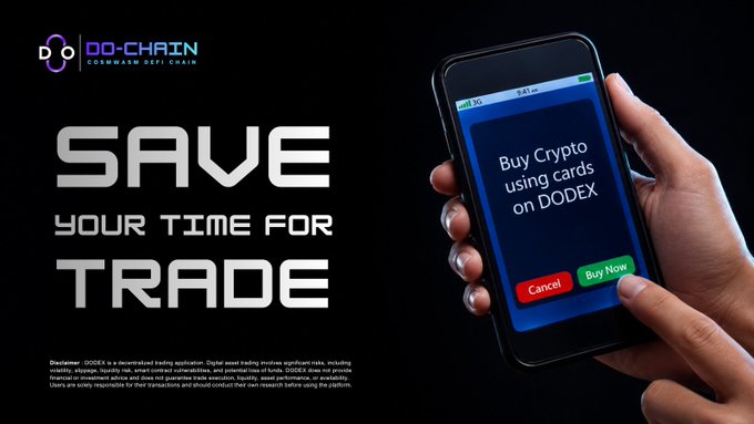 An advertisement for the 'DOD-CHAIN COINWASH DEFI CHAIN' features the tagline 'SAVE YOUR TIME FOR TRADE' alongside an image of a hand using a smartphone app to 'Buy Crypto using cards on DODEX'.