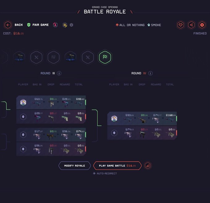 A screenshot from a case opening website displaying a 'BATTLE ROYALE' in 'GRAND CASE OPENING' mode, showing the results of Round III and Round IV with various virtual weapon drops and percentages.