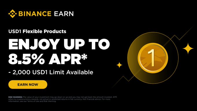 A Binance Earn advertisement promoting USD1 Flexible Products with up to 8.5% APR and a 2,000 USD1 limit.