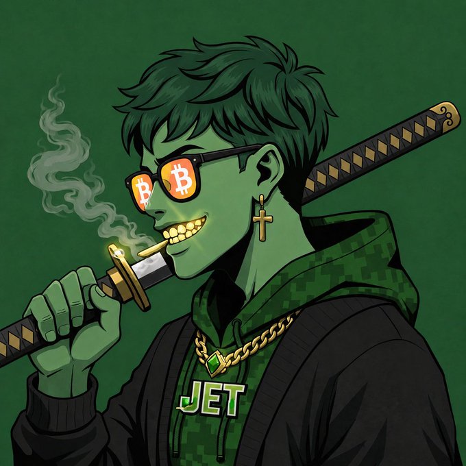 A green-skinned anime-style character wears Bitcoin logo sunglasses, a gold cross earring, and a 'JET' necklace while smoking a katana handle, with a sword strapped to his back.
