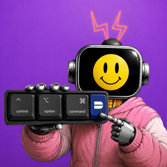 A digital illustration of a robot-like character with a smiley face TV head wearing a pink hoodie, holding a set of oversized modifier keyboard keys (control, option, command, shift) and pointing at them.