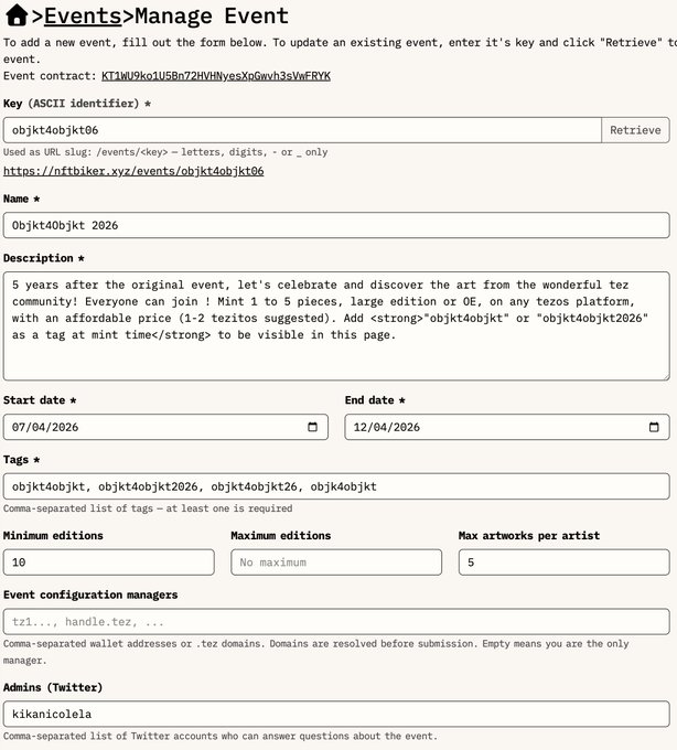 The image shows a webpage with a button, presumably labeled "Events-Manage Event", that allows users to create their own event pages. The text in the image provides instructions for creating an event page, stating that everyone can create a dedicated event page if they've used the previous one, and that they are in charge of managing events from then on.