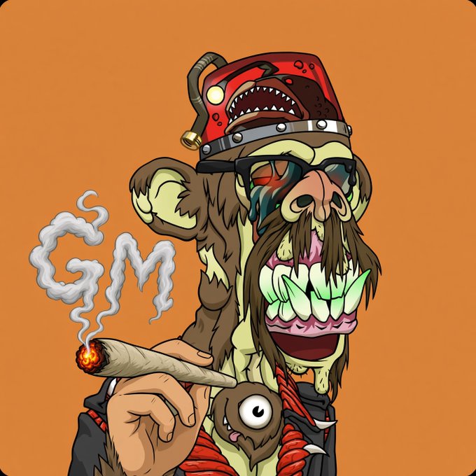 A cartoon illustration of a grotesque zombie-like character with a red helmet, sunglasses, and decayed teeth, smoking a blunt with 'GM' smoke trails on an orange background.