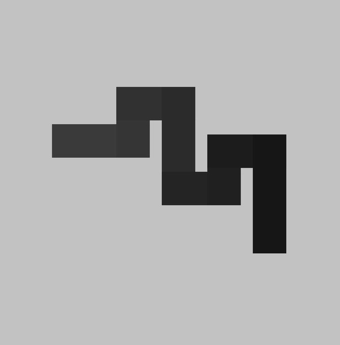 A minimalist geometric design featuring dark rectangular shapes arranged in a zigzag pattern on a light gray background.