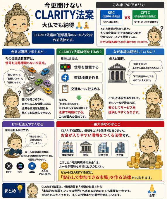 An infographic titled "今更聞けない CLARITY法案" (Clarity Act You Should Know) explaining the US crypto legislation using Buddha illustrations, mentioning regulators SEC and CFTC, and crypto tickers XRP, SOL, and ADA.