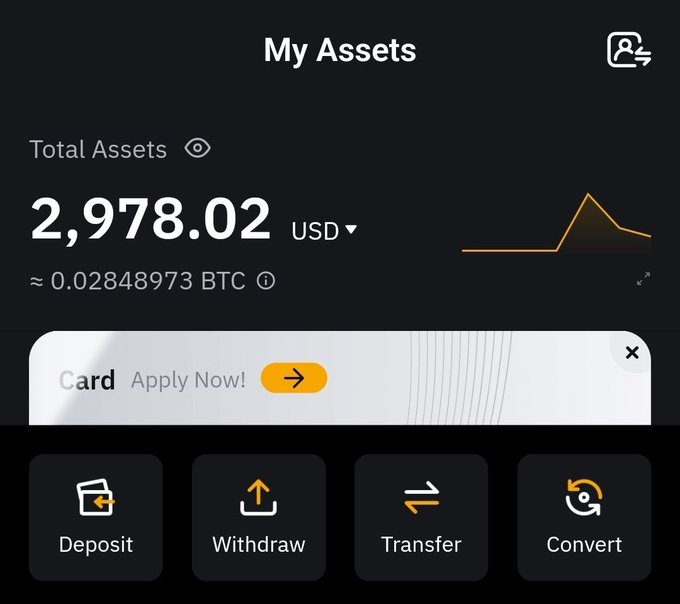 A cryptocurrency app screenshot showing 'My Assets' with a total of 2,978.02 USD (≈0.02848973 BTC), an Apply Now banner for a Card, and options for Deposit, Withdraw, Transfer, and Convert.