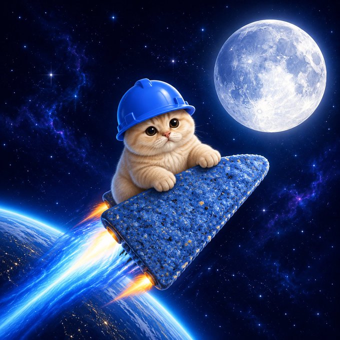 A digital illustration of a cute cat wearing a blue hard hat riding a blue rocky, rocket-powered surfboard through space past Earth and the moon.