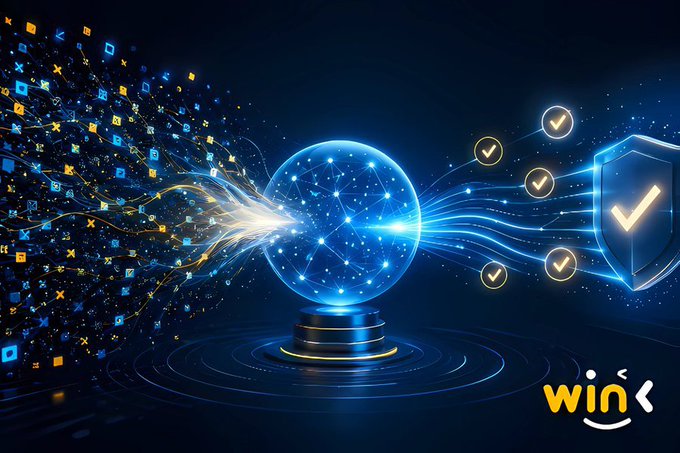 A digital artwork shows a glowing blue network globe on a pedestal with data streams flowing into a shield with checkmarks, branded with the 'wink' logo in the corner.