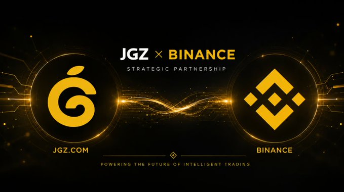 A promotional banner announcing a 'JGZ x BINANCE STRATEGIC PARTNERSHIP' with two glowing gold logos connected by an infinity-shaped light trail, tagged 'POWERING THE FUTURE OF INTELLIGENT TRADING'.