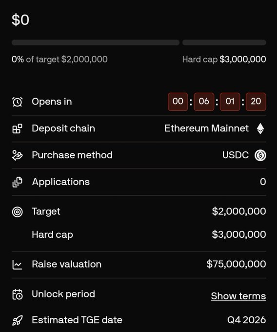 A dark-themed interface displaying token sale details: '$0' raised of a $2,000,000 target with a $3,000,000 hard cap, a countdown of 00:06:01:20, Ethereum Mainnet deposit chain, USDC purchase method, $75,000,000 raise valuation, and an estimated Q4 2026 TGE date.