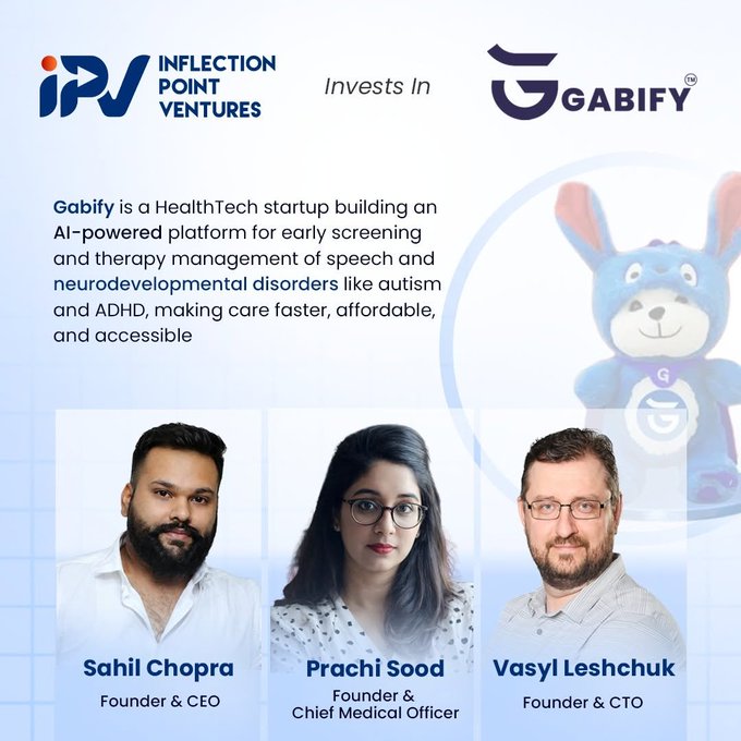 An announcement of Inflection Point Ventures investing in Gabify, a HealthTech startup using AI for early screening of speech and neurodevelopmental disorders, featuring founders Sahil Chopra, Prachi Sood, and Vasyl Leshchuk.