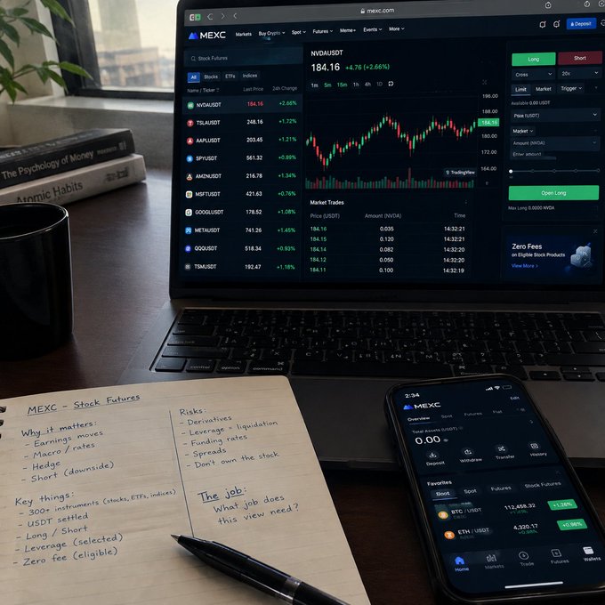 A workspace scene shows a laptop displaying MEXC cryptocurrency exchange with NVDA/USDT trading at 184.16, alongside a smartphone showing the MEXC app and handwritten notes titled 'MEXC - Stock Futures' listing key points and risks.