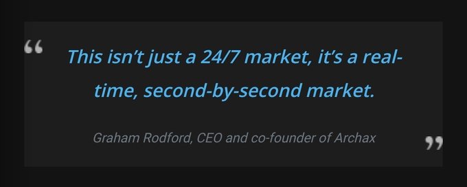 The image features a quote from Graham Rodford, CEO of Archax Exchanges, who has written about tokenized securities and streaming cash flows. The quote is displayed against a black background with blue text that reads "This isn't just a 24/7 market, it's a real-time, second-by-second market." This quote highlights the importance of real-time data in the cryptocurrency world and how Archax Exchanges aims to provide streaming cash flows for tokenized securities.