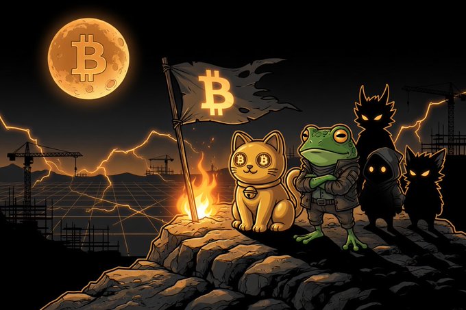 A stylized digital artwork depicting cryptocurrency culture, featuring a golden Bitcoin-themed cat and frog character standing on a rocky outcrop with a Bitcoin flag, set against a dramatic nighttime landscape with lightning, construction cranes, and shadowy figures in the background.
