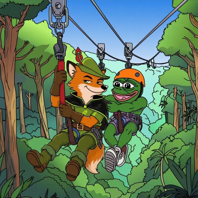 A cartoon illustration of an anthropomorphic fox dressed as Robin Hood and a smiling green frog, both wearing harnesses and ziplining through a lush green jungle.