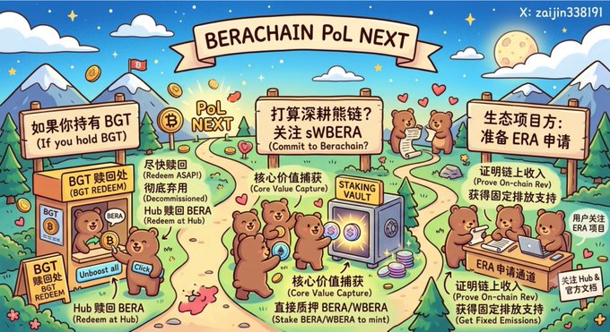 Colorful illustrated infographic titled 'BERACHAIN PoL NEXT' explaining the BGT redemption process, core value capture via Staking Vault, and on-chain revenue proofs, credited to 'zaijin338191'.