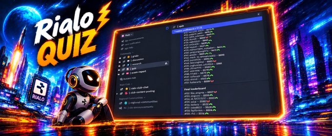 A promotional graphic for "Rialo Quiz" featuring a small robot, a futuristic neon cityscape, and a code editor window showing Rust code with a file tree on the left.
