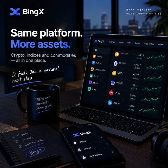 A BingX cryptocurrency exchange advertisement reading 'Same platform. More assets.' featuring crypto, indices, and commodities on laptop and mobile displays, with a coffee mug and notebook on a desk.