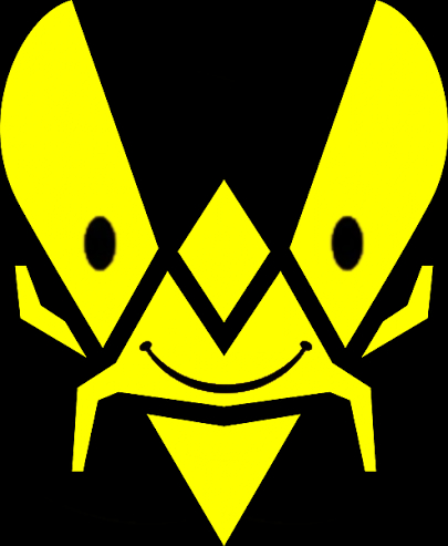 A stylized yellow and black logo depicting a geometric mantis-like insect with large oval eyes, prominent mandibles, and a smiling mouth.