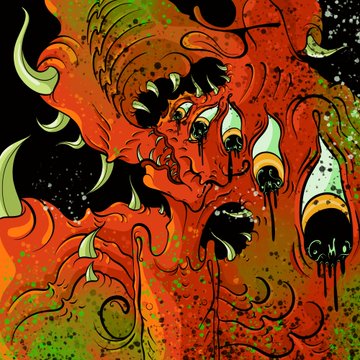 A chaotic horror-style illustration features a melting red creature with multiple eyes and green horns dripping black liquid, with the text 'GNA GNI' visible on the right.