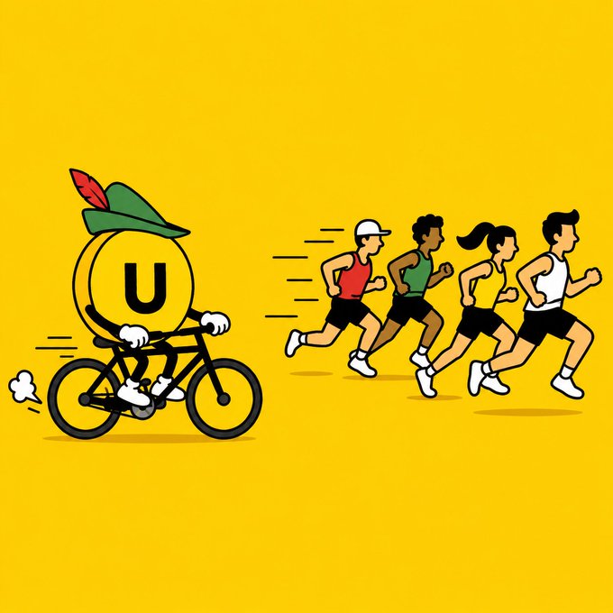 A cartoon illustration with a yellow background showing a coin mascot wearing a Bavarian-style hat riding a bicycle and leading a group of four runners in athletic gear.