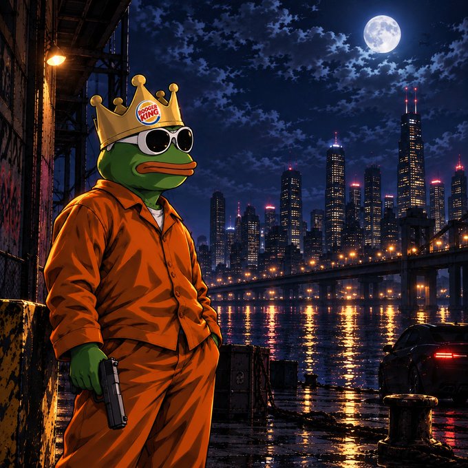 An anthropomorphic duck wearing a Burger King crown and sunglasses stands in an orange prison jumpsuit holding a gun against a nighttime city skyline with a full moon.