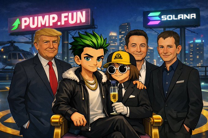 In this image, we see some celebrities depicted in an online post with text "$Pump is the alpha @Pumpfun #solana #memecoin #trump."  John Travolta is shown looking at his phone while holding a martini glass, and there's also a character from the video game Genshin Impact looking at a cup of wine, appearing less happy. Dave Bautista stands beside the Genshin Impact character, sporting sunglasses and a backwards baseball cap. On the far left, there's a Donald Trump cartoon character. Several other well-known personalities from movies, sports, and TV shows are also present. Two of them, known for their roles in the 'Fast and Furious' series, are shown businessman-like, with their hands in their pockets, images positioned centrally. These characters appear square, with some resembling Watercolor paintings. The image's bottom layer is black with yellow and black lines, suggesting a resemblance to the UFC brand.