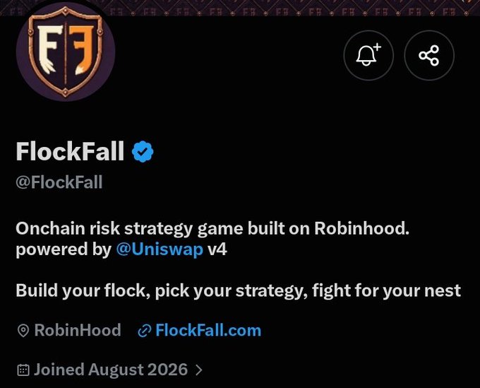 The image shows the Twitter/X profile of FlockFall (@FlockFall), featuring a verified badge, a shield logo with "FF" initials, and a bio describing it as "Onchain risk strategy game built on Robinhood, powered by @Uniswap v4" with the tagline "Build your flock, pick your strategy, fight for your nest." The profile, which joined in August 2026, supports the accompanying announcement about joining as a Collab manager for the RobinHood-based onchain strategy game.