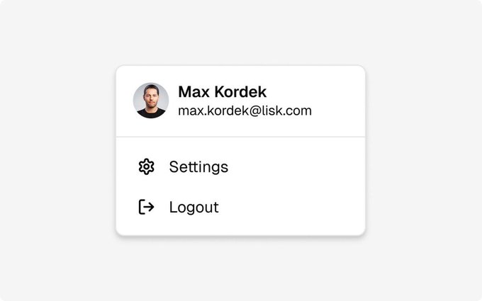 A user profile dropdown menu for 'Max Kordek' with email max.kordek@lisk.com, featuring Settings and Logout options.