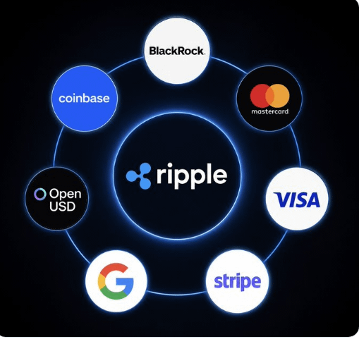 The image displays the Ripple logo at the center, surrounded by partner companies in a circular arrangement including BlackRock, Mastercard, Visa, Stripe, Google, Open USD, and Coinbase, illustrating Ripple's strategic partnerships and integrations within the financial and tech industries.