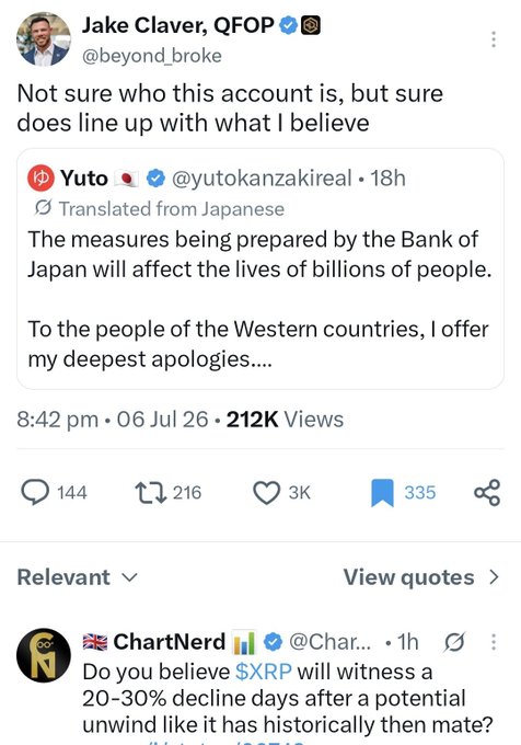 Jake Claver (@beyond_broke) quote-tweets a Japanese post from Yuto (@yutokanzakireal) about Bank of Japan measures affecting billions and apologizing to Western countries, with engagement metrics showing 212K views, 3K likes, and 335 bookmarks. The image sets context for ChartNerd's question about whether XRP could see a 20-30% decline following a potential BOJ unwind, connecting Japanese monetary policy to XRP price action history.