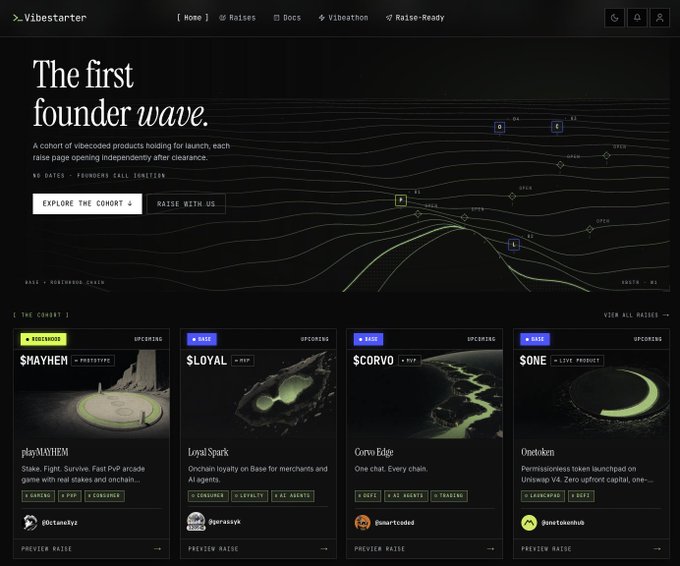 The image shows the Vibestarter homepage titled "The first founder wave," featuring a cohort of vibecoded products raising on Base and Robinhood Chain, with four upcoming projects visible: $HAYEM (playMAYHEM), $LOYAL (Loyal Spark), $CORVO (Corvo Edge), and $ONE (Onetoken) — all in the "upcoming" stage. This aligns with the post highlighting Vibestarter as an onchain crowdfunding platform for vibecoded applications, where the linked wave1 page lets users explore and support these founding projects.