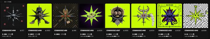 A storefront page displays multiple items for sale, all labeled 'STARHOODZ' with various prices.