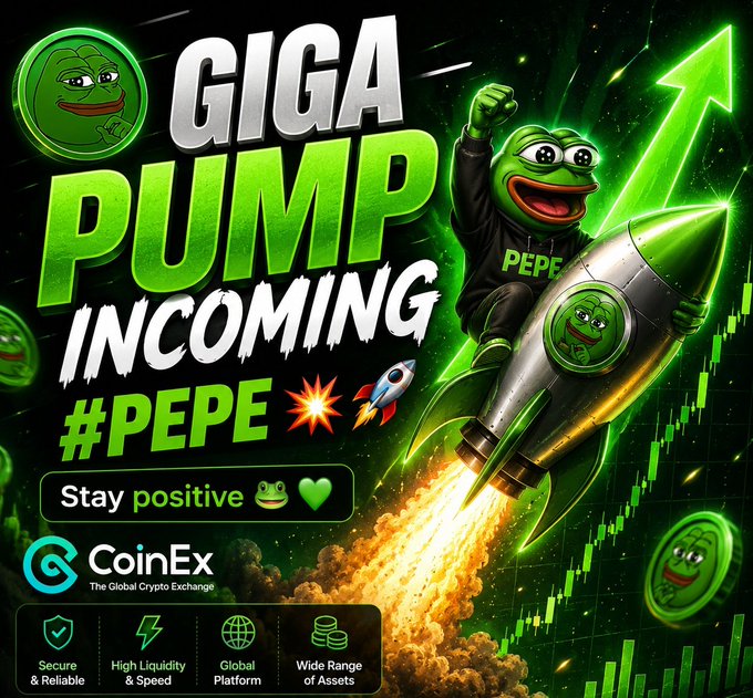The image features a green rocket ship with a frog character on top, flying through a space filled with coins scattered throughout. The text above the rocket ship reads "GIGA PUMP INCOMING #PEPE Stay positive ▓▓▓▓▓▓▓▓▓▓▓▓▓▓▓▓▓▓▓▓▓▓▓▓▓▓▓▓▓▓▓