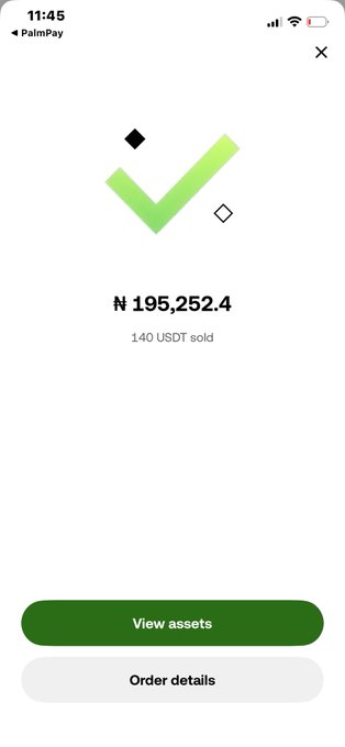 A screenshot from the PalmPay app showing a successful cryptocurrency sale of 140 USDT for ₦195,252.4.