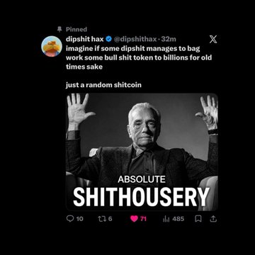 A pinned post from @dipslothax criticizing dipslithax managers for trading a "bull shit token" called shitcoin, featuring an image of a bald man with raised hands labeled "ABSOLUTE SHITHOUSERY" with 71 likes, humorously referencing the newly announced $SHITCOIN promotion by Fartcoin whale Hax.