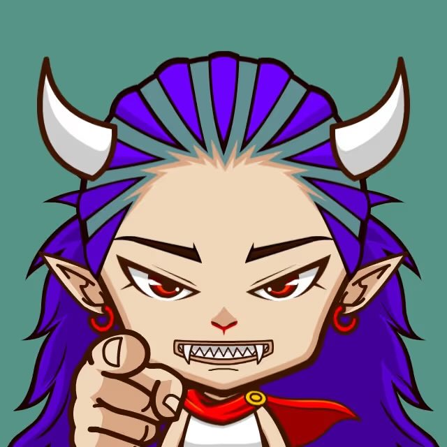 A cartoon character with purple hair, white horns, pointed ears, fangs, and red hoop earrings points forward while wearing a red scarf against a solid green background.