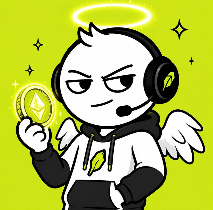 A cartoon angel mascot with a glowing halo, headphones, and wings holds up a gold Ethereum coin against a bright green background featuring lightning bolt and Ethereum logos.