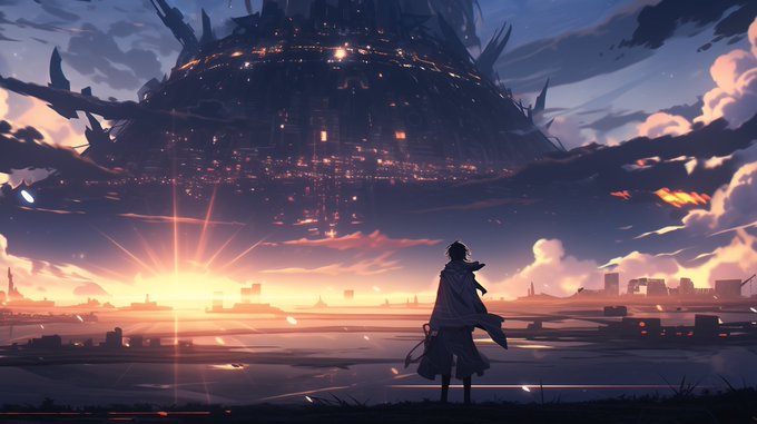 An anime-style illustration of a lone figure standing on a hill, gazing at a massive floating futuristic city at sunset with a vibrant orange and purple sky.
