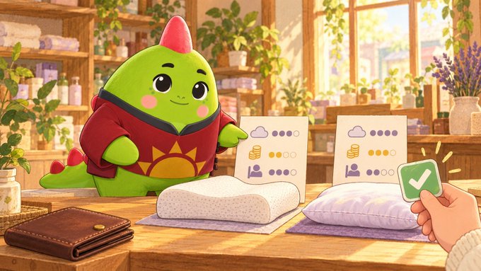 A cartoon green dinosaur character wearing a red shirt points at comparison cards showing different pillow options in a cozy shop setting.