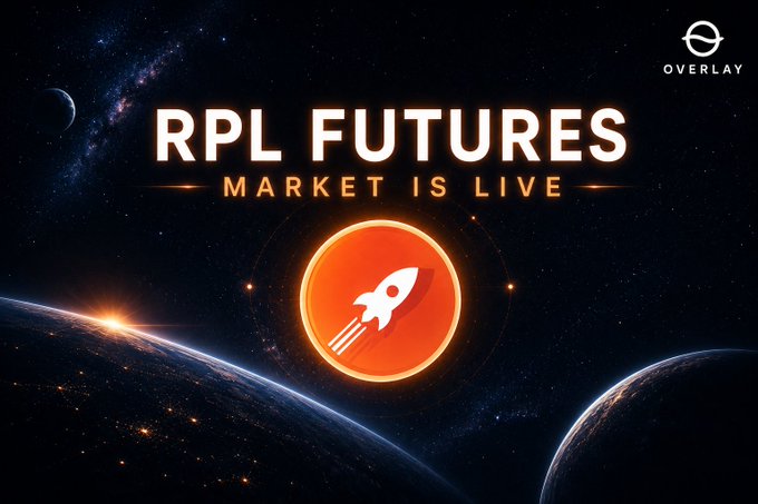 A promotional graphic for 'RPL FUTURES' from Overlay announcing 'MARKET IS LIVE,' featuring an orange rocket icon against a cosmic space background with planets and stars.