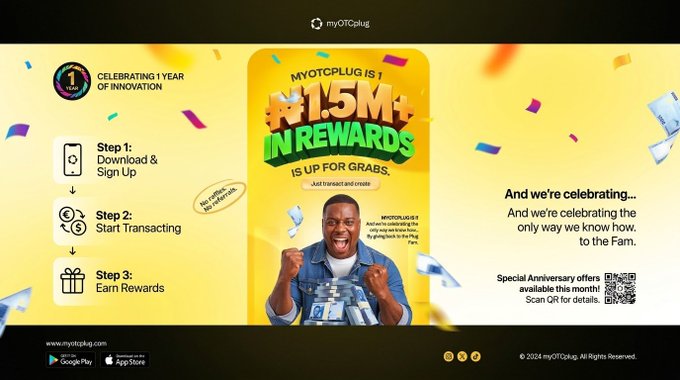 A promotional banner for myOTCplug celebrating 1 year of innovation, offering N15M in rewards with a 3-step process: download & sign up, start transacting, and earn rewards.