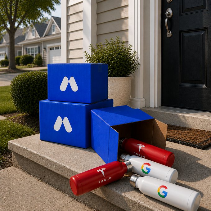 Blue MercadoLibre boxes are stacked on a front porch alongside branded Tesla and Google water bottles spilled out of an open package, visually framing Wednesday's earnings reports from MELI, TSLA, and GOOGL as a literal "unboxing" to choose from.