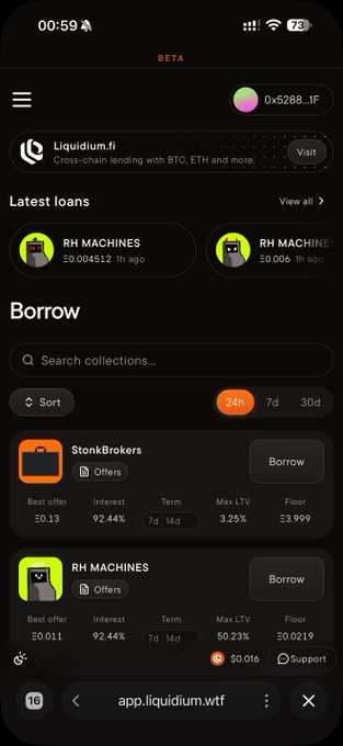 A mobile screenshot of app.liquidium.wtf, a cross-chain lending platform, showing borrowing options for NFT collections like 'StonkBrokers' and 'RH MACHINES' with various interest rates and terms.