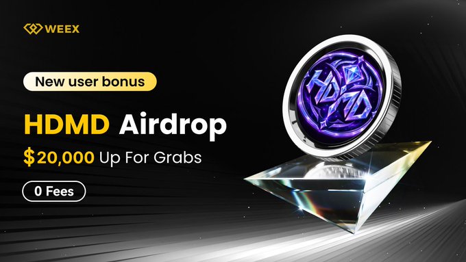 A WEEX cryptocurrency advertisement banner offering a 'New user bonus' for an 'HDMD Airdrop' of '$20,000 Up For Grabs' with '0 Fees', featuring a 3D coin and crystal graphic on a dark background.