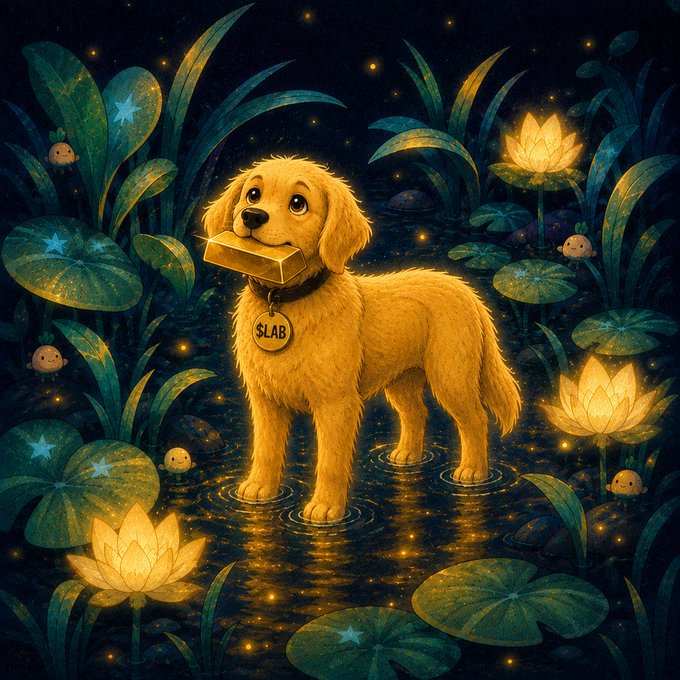 A fantasy-style illustration of a golden puppy holding a gold bar in its mouth, wearing a "SLAB" tag, standing in water surrounded by glowing lotus flowers and lily pads.
