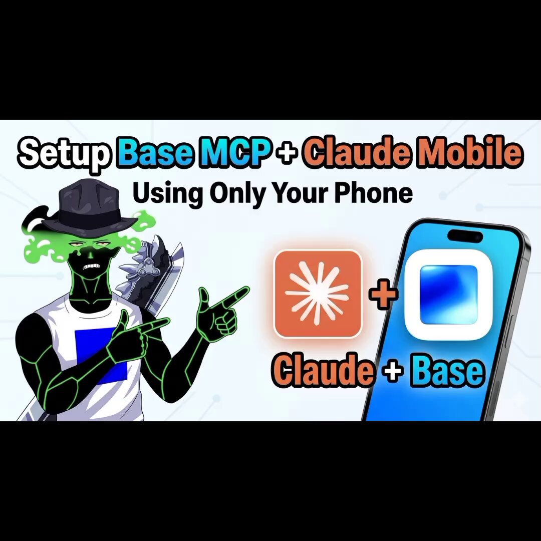 The image shows an illustration of a person wearing a hat holding up a phone displaying the setup instructions for using only your own phone. The text at the bottom of the image reads "You don' t need a powerful setup to start exploring onchain AI. Just a phone." This suggests that the main focus is on how to use the MCP and Claude Mobile app, which can be accessed from a mobile device without requiring a more powerful setup.