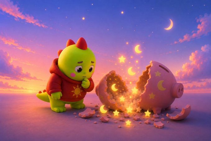 A cute 3D-rendered illustration of a small green dinosaur character in a red hoodie looking thoughtfully at a broken pink piggy bank, with glowing golden stars and crescent moons spilling out of it against a dreamy sunset sky with stars.