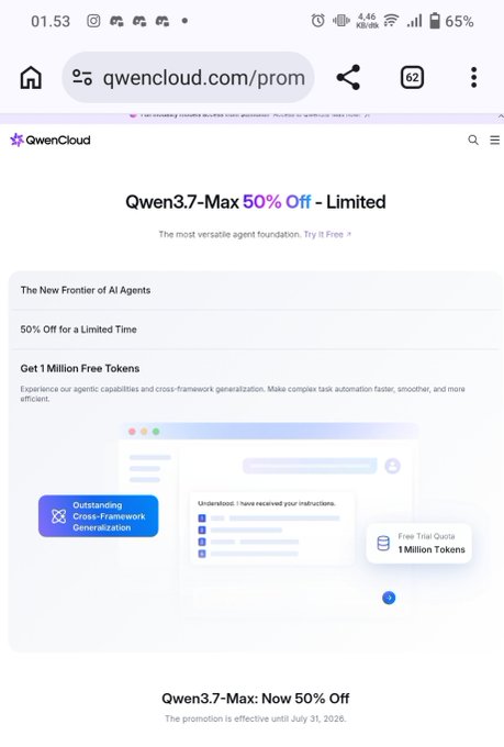 The screenshot displays a QwenCloud promotional page advertising Qwen3.7-Max at 50% off, highlighting a free trial quota of 1 Million Tokens for users to test the AI model. The page emphasizes features like "The New Frontier of AI Agents," "Outstanding Cross-Framework Generalization," and notes the promotion is effective until July 31, 2026.